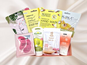 Assorted skincare and pampering products.