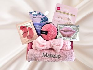 Beauty products in a pink basket