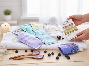 Various skincare masks and products displayed.