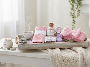 Relaxing spa essentials on a tray