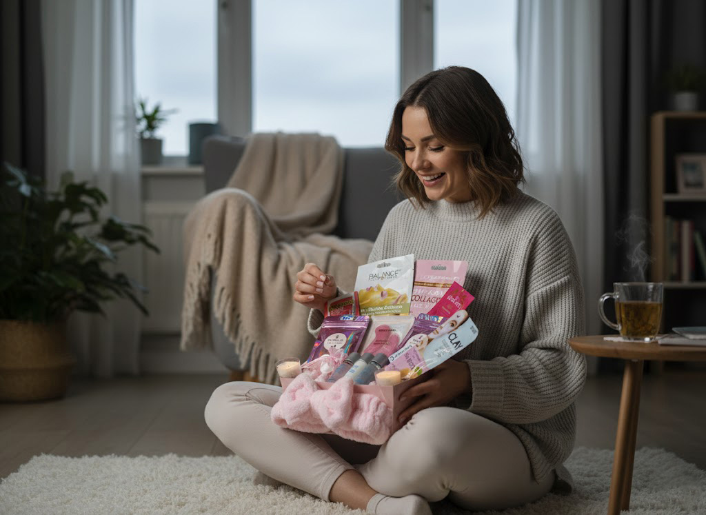 Woman overjoyed to be opening her a pamper gift box
